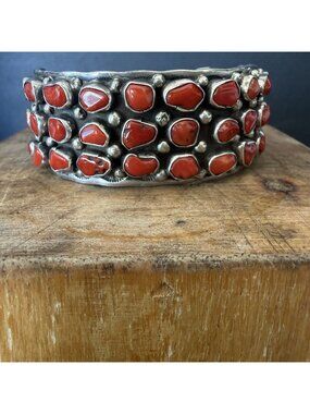 Vintage Navajo Sterling Silver & Coral Cabochon Cluster Cuff Bracelet Signed DM